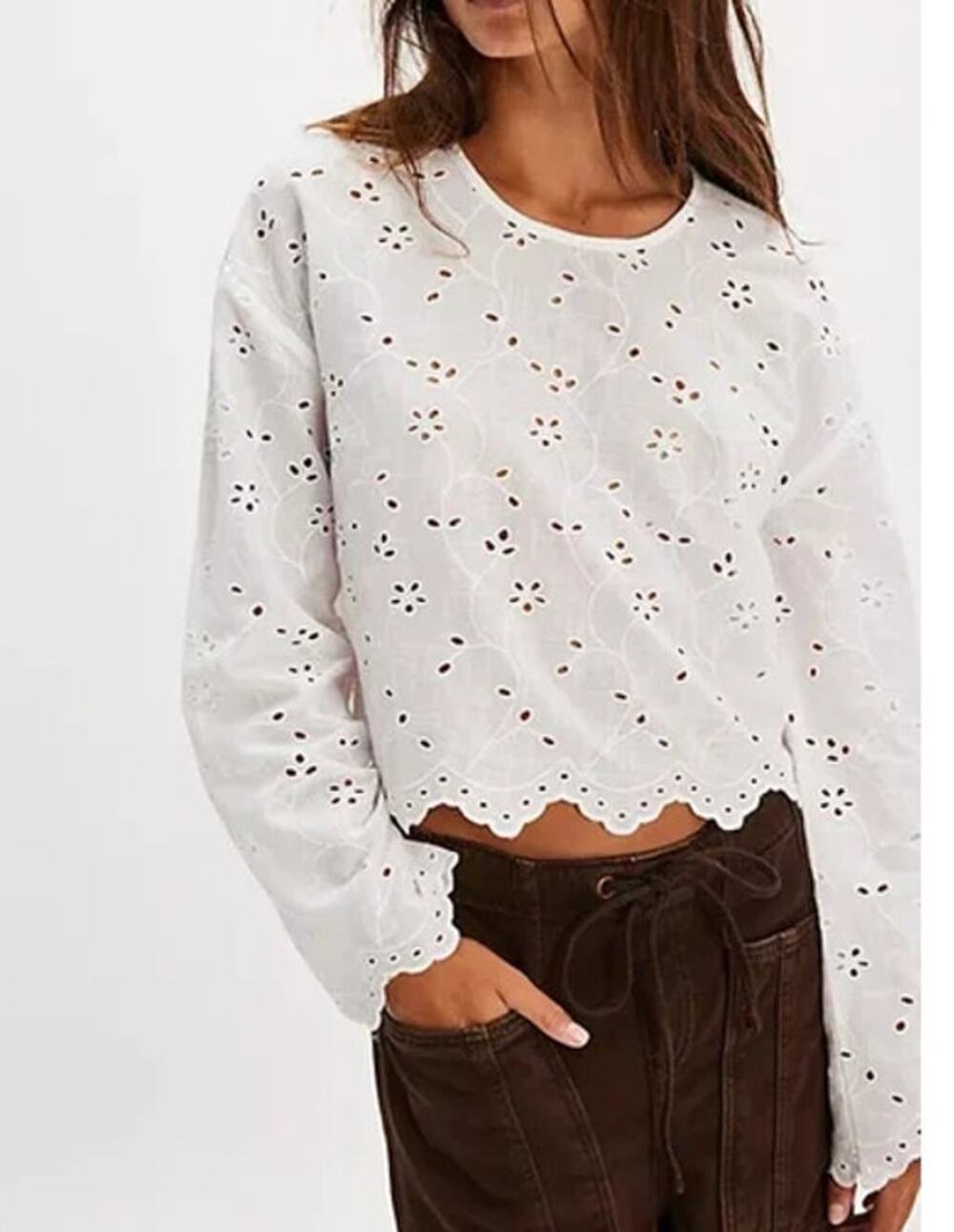 Free People Emma Eyelet Long Sleeve Scalloped Hem Blouse Top White Small